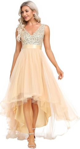 Ever-Pretty Women's Double V-Neck A-Line Sequin Sleeveless High Low Tulle Evening Party Gowns 0147A in Saudi Arabia