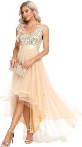 Ever-Pretty Women's Double V-Neck A-Line Sequin Sleeveless High Low Tulle Evening Party Gowns 0147A in Saudi Arabia