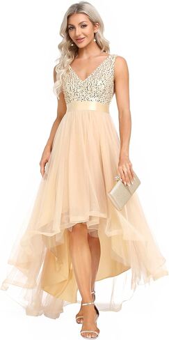 Ever-Pretty Women's Double V-Neck A-Line Sequin Sleeveless High Low Tulle Evening Party Gowns 0147A in Saudi Arabia