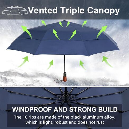 Compact Travel Umbrella Windproof - Triple Canopy for Rain Large Light Automatic Open&Close and Portable - Wind Resistant Folding Umbrellas Strong with 10 Ribs - Men and Women in Saudi Arabia