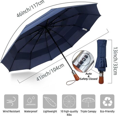 Compact Travel Umbrella Windproof - Triple Canopy for Rain Large Light Automatic Open&Close and Portable - Wind Resistant Folding Umbrellas Strong with 10 Ribs - Men and Women in Saudi Arabia