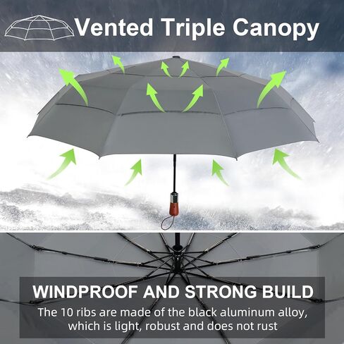 Compact Travel Umbrella Windproof - Triple Canopy for Rain Large Light Automatic Open&Close and Portable - Wind Resistant Folding Umbrellas Strong with 10 Ribs - Men and Women in Saudi Arabia