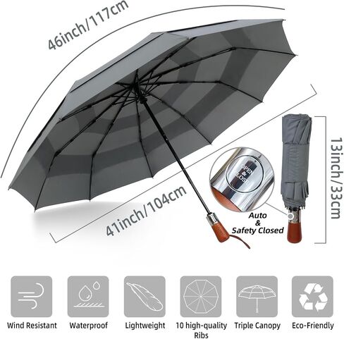 Compact Travel Umbrella Windproof - Triple Canopy for Rain Large Light Automatic Open&Close and Portable - Wind Resistant Folding Umbrellas Strong with 10 Ribs - Men and Women in Saudi Arabia