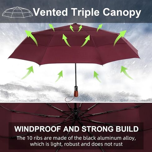 Compact Travel Umbrella Windproof - Triple Canopy for Rain Large Light Automatic Open&Close and Portable - Wind Resistant Folding Umbrellas Strong with 10 Ribs - Men and Women in Saudi Arabia