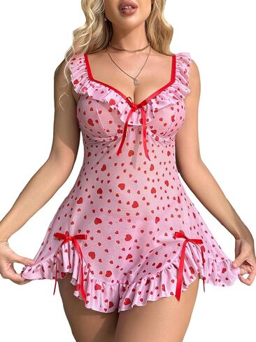 COZYEASE Women's 2 Piece Lingerie Set Ruffle Hem Bow Front Mesh Chemise Babydoll Nightgown Sleepwear with Thong in Saudi Arabia