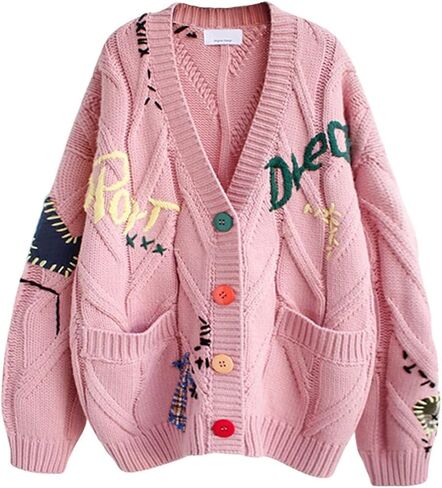 CHARTOU Women Chunky Cable Knit Cardigan Embroidery Button Down Sweater Jacket Knitwear in Saudi Arabia
