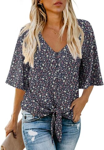 AWULIFFAN Women's Casual V Neck Batwing Sleeve Tops Tie Front Chiffon Blouses Button Down Shirts in Saudi Arabia