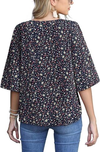 AWULIFFAN Women's Casual V Neck Batwing Sleeve Tops Tie Front Chiffon Blouses Button Down Shirts in Saudi Arabia