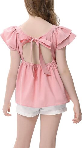 LIONJIE Girl Tie Back Ruffle Sleeve Shirt Casual Square Neck Summer Top Blouse 3-12 Years in Saudi Arabia
