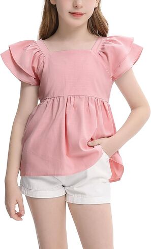 LIONJIE Girl Tie Back Ruffle Sleeve Shirt Casual Square Neck Summer Top Blouse 3-12 Years in Saudi Arabia