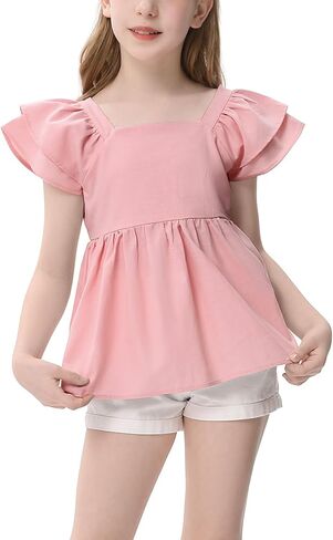 LIONJIE Girl Tie Back Ruffle Sleeve Shirt Casual Square Neck Summer Top Blouse 3-12 Years in Saudi Arabia
