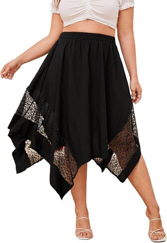 OYOANGLE Women's Plus Size High Elastic Waist Asymmetrical Hem Contrast Lace Midi Skirt in Saudi Arabia