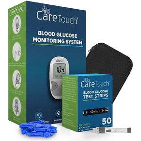 مجموعة أدوات مراقبة نسبة السكر في الدم من Care Touch - مجموعة أدوات اختبار مرض السكري + 1 جهاز قياس السكر في الدم، 50 شريط اختبار اللمس للعناية بسكر الدم، 1 جهاز وخز، 100 أداة إبر تعمل باللمس، حقيبة سفر لجهاز قياس نسبة السكر في الدم in Kuwait
