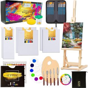 French Easel Acrylic Painting Set, Deluxe Artist Supplies Kit w/Coronado Style Wooden Field & Studio Sketch Box Easel, Stretched & Panel Canvases, Professional Paints, Premium Brushes, Knives, Palett