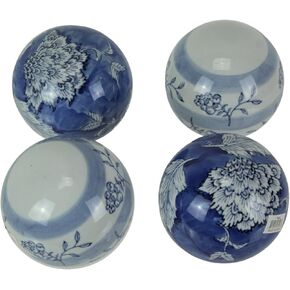 A&B Home Set of 4 Ceramic Decorative Orbs Blue Floral Decor Balls Home Accent Centerpiece, One Size
