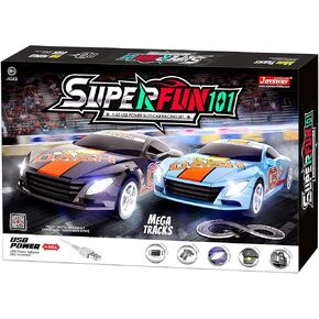 Joysway: SuperFun 201-1/43 USB Power Slot Car Racing Set, Layout Size: 51"x23", LED Headlights, Lap Counter, Ages 8+