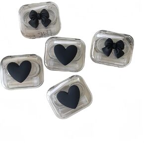4 Pack 3D Design Cute Contact Lens Cases, Travel Eye Contacts Case Box Holder, Contact Lenses Tweezers Remover Tool Solution Bottle Kit for Daily Outdoor (3D Hearts, Black)