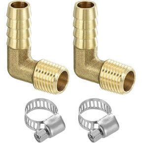 uxcell 2pcs Brass Hose Barb Fittings, 3/8" Barb x 1/4" NPT Male 90 Degree Brass Elbow Fitting Adapter with Hose Clamps for Water Fuel Air, Mechanical Devices