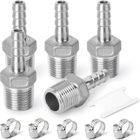 TAISHER 5PCS 304 Stainless Steel Hose Barb Fittings, Home Brew Fittings 1/2" Barb x 1/2" MNPT with 5PCS Hose Clamp