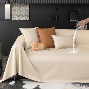 Waterproof Couch Cover for Dogs Washable Faux Leather Sectional Sofa Slipcover Furniture Protector Bed Cover for Pets Living Room Decor, Beige 79" x 118"
