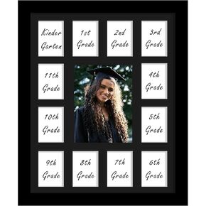 8x18 School Year Picture Frame K-12 Displays One 4x6 Photo and Twelve 1.75x2.5 inch Pictures Graduation Photo Collage Wall Mount Black