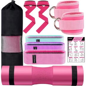 Barbell Pad Set, 9Pcs Barbell Squat Pad for Women Hip Thrusts, Lunges, Leg Day with 2 Gym Ankle Straps, 3 Hip Resistance Bands, 2 Lifting Strap, Carry Bag Barbell Pad