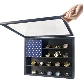 Military Challenge Coin Medals Collector Display Case Wall Frame Wood Cabinet Black Shadow Box with Shelves and US Flag Wall Decor，Cabinet Rack Shadow Box with 4 Removable Shelves