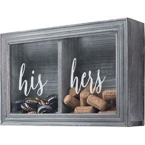 MyGift Wall Mounted Vintage Gray Wood Shadow Box Wine Cork and Beer Cap Holder with His and Hers Word Design on Premium Clear Acrylic Panels