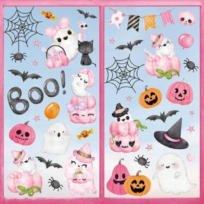 9 Sheets Halloween Window Cling Stickers Pink Cute Ghost Pumpkin Boo Watercolor Reusable Window Decals for Halloween Party Home Office Decor