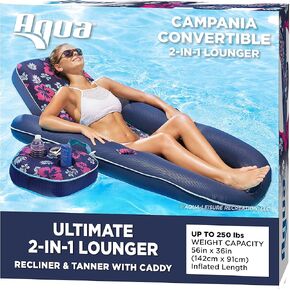 Aqua Campania Ultimate 2 in 1 Recliner & Tanner Pool Lounger with Adjustable Backrest and Caddy, Inflatable Pool Float, Teal Hibiscus (AZL14856)