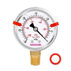 -30inHg-0 Glycerin Filled Pressure Gauge, 2-1/2" Dial Size, Stainless Steel Case, with Red Range Mark, 1/4" NPT Lower Mount, for Vacuum Pump, Vacuum Tank or Other Vacuum System.