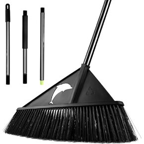 Outdoor Broom Heavy Duty with Long Handle Broom for Sweeping Indoor, Stiff Bristle Angle Broom Rough Surface for Garages Courtyard Sidewalks Decks, Indoor Kitchen Office Lobby Cleaning
