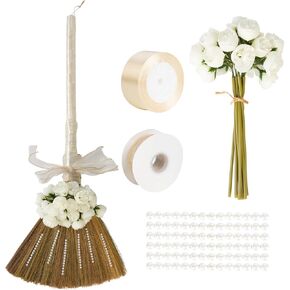 Wedding Broom for Jumping Ceremony, Jumping The Broom for Wedding, Decorative Broom DIY with Ribbons Artificial Pearl Roses