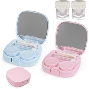 2PCS Contact Lens Case with 2Pcs Cleaner Washer, Portable Travel Eye Contact Case Contact Cases with Mirror Tweezers Remover Tool Solution Bottle for Daily Outdoor