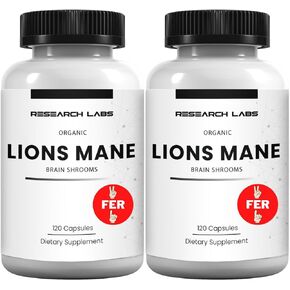 Research Labs Organic Lions Mane Supplement Capsules, 120 Capsules w/Patent Litropane™, Immune System Booster & Nootropic Brain Support Mushroom Supplement. 10X Extract comparable to 18,000mg in Kuwait