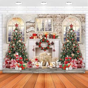 Avezano Christmas Fireplace Backdrop White Brick Christmas Tree Background for Photography Xmas Eve Holiday Decoration Kids Newborn Family Banner Photoshoot Studio Props in Kuwait