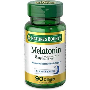 Nature's Bounty Melatonin, 100% Drug Free Sleep Aid, Dietary Supplement, Promotes Relaxation and Sleep Health, 5mg, 90 Softgels