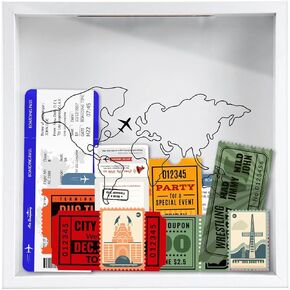Adventure Archive Box, 11.5x11.5in Travel Shadow Box with Slot Wood Frame Tickets Collection Holder Map Plane Design Travel Keepsake Top Loading Memory Box for Movie Theater Travel Tickets(White)