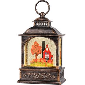 Fall Snow Globe, Fall Decorations for Home, Swirling Glitter Snow Globe Lantern for Harvest Day, Autumn, Thanksgiving, Party, Home, Fall Decor (Red Barn and Pumpkins)