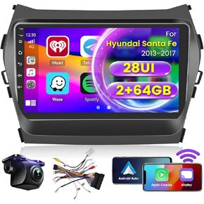 Roinvou 2+64G Android Car Stereo for 2013-2017 Hyundai Santa Fe, Built-in Wireless CarPlay Radio with Android Auto, 9'' Touch Screen in-Dash GPS Navigation Support Mirror Link Bluetooth FM RDS AHD