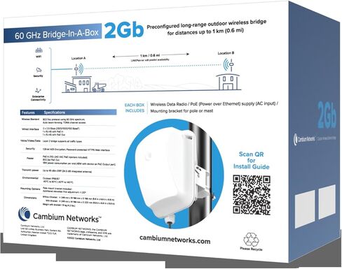 جسر Cambium Networks 60 جيجا هرتز في صندوق 1 جيجا بايت - تمديد اتصال الإنترنت حتى 500 قدم (150 مترًا) - إنتاجية 2 جيجابت في الثانية - تمديد الشبكة المحلية - نقاط اتصال Wi-Fi خارجية/بعيدة - (سلك أمريكي) - C600510C001A in Kuwait