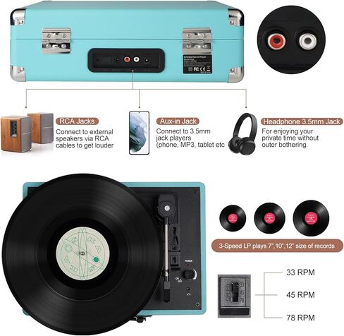 Vinyl Record Player Bluetooth Turntable with 2 Built-in Speakers 3-Speed Vintage LP Player, Support Bluetooth in RCA Out Aux in Headphone Jack in Saudi Arabia