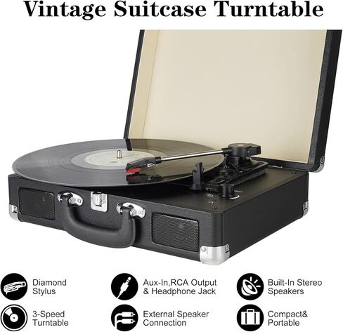 Vinyl Record Player Bluetooth Turntable with 2 Built-in Speakers 3-Speed Vintage LP Player, Support Bluetooth in RCA Out Aux in Headphone Jack in Kuwait