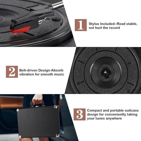 Vinyl Record Player Bluetooth Turntable with 2 Built-in Speakers 3-Speed Vintage LP Player, Support Bluetooth in RCA Out Aux in Headphone Jack in Kuwait