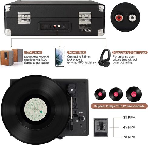 Vinyl Record Player Bluetooth Turntable with 2 Built-in Speakers 3-Speed Vintage LP Player, Support Bluetooth in RCA Out Aux in Headphone Jack in Kuwait