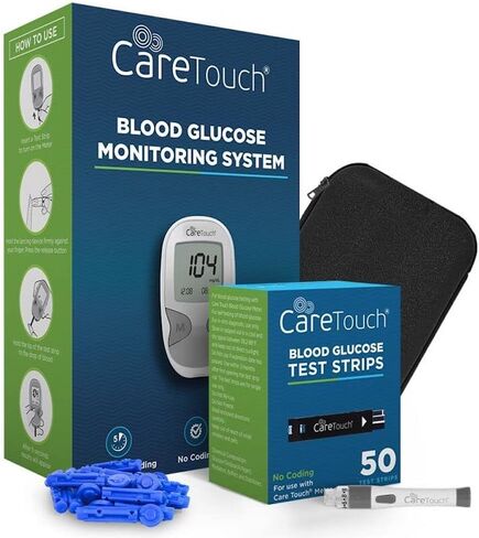مجموعة أدوات مراقبة نسبة السكر في الدم من Care Touch - مجموعة أدوات اختبار مرض السكري + 1 جهاز قياس السكر في الدم، 50 شريط اختبار اللمس للعناية بسكر الدم، 1 جهاز وخز، 100 أداة إبر تعمل باللمس، حقيبة سفر لجهاز قياس نسبة السكر في الدم in Kuwait