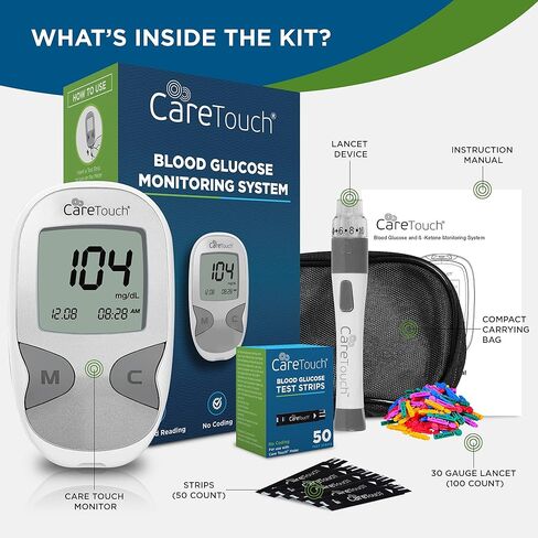 مجموعة أدوات مراقبة نسبة السكر في الدم من Care Touch - مجموعة أدوات اختبار مرض السكري + 1 جهاز قياس السكر في الدم، 50 شريط اختبار اللمس للعناية بسكر الدم، 1 جهاز وخز، 100 أداة إبر تعمل باللمس، حقيبة سفر لجهاز قياس نسبة السكر في الدم in Kuwait