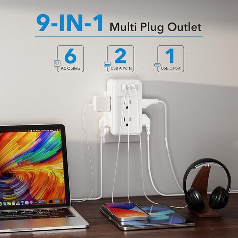 موسع منفذ الحائط BN-LINK مع 3 منافذ USB و8 منافذ، حامي عرام مقسم منافذ متعددة 800 جول، موسع قابس مخارج متعدد المسافات للمنزل والمكتب والنوم والسفر، 15 أمبير/1875 وات in Kuwait