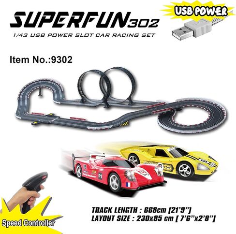 Joysway: SuperFun 201-1/43 USB Power Slot Car Racing Set, Layout Size: 51"x23", LED Headlights, Lap Counter, Ages 8+ in Kuwait