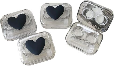 4 Pack 3D Design Cute Contact Lens Cases, Travel Eye Contacts Case Box Holder, Contact Lenses Tweezers Remover Tool Solution Bottle Kit for Daily Outdoor (3D Hearts, Black) in Saudi Arabia